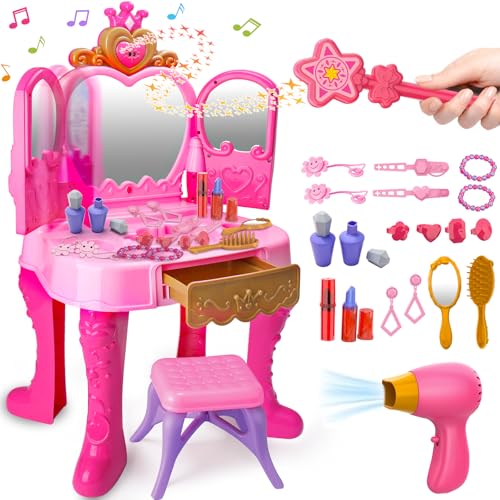 AugToy Toddler Vanity Magic Makeup Set Table and Chair Girl Toy Automatically Mirror with Music Light Pink Toys for 3 4 5 Year Old Girls Hair Salon Pretend Play Princess Dress Up Playset Gift Toddler 3-5 - Image 1