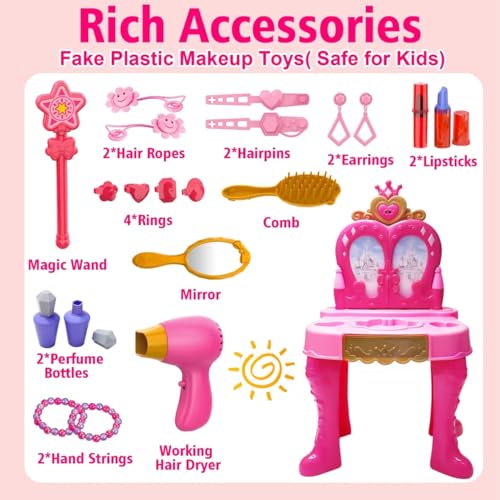 AugToy Toddler Vanity Magic Makeup Set Table and Chair Girl Toy Automatically Mirror with Music Light Pink Toys for 3 4 5 Year Old Girls Hair Salon Pretend Play Princess Dress Up Playset Gift Toddler 3-5 - Image 2