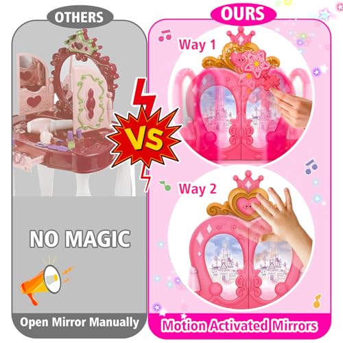 AugToy Toddler Vanity Magic Makeup Set Table and Chair Girl Toy Automatically Mirror with Music Light Pink Toys for 3 4 5 Year Old Girls Hair Salon Pretend Play Princess Dress Up Playset Gift Toddler 3-5 - Image 4