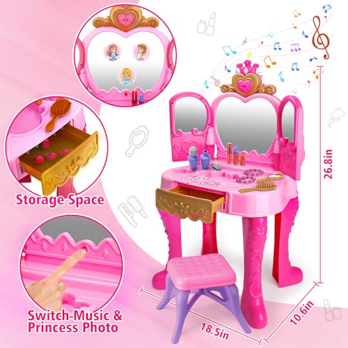 AugToy Toddler Vanity Magic Makeup Set Table and Chair Girl Toy Automatically Mirror with Music Light Pink Toys for 3 4 5 Year Old Girls Hair Salon Pretend Play Princess Dress Up Playset Gift Toddler 3-5 - Image 3