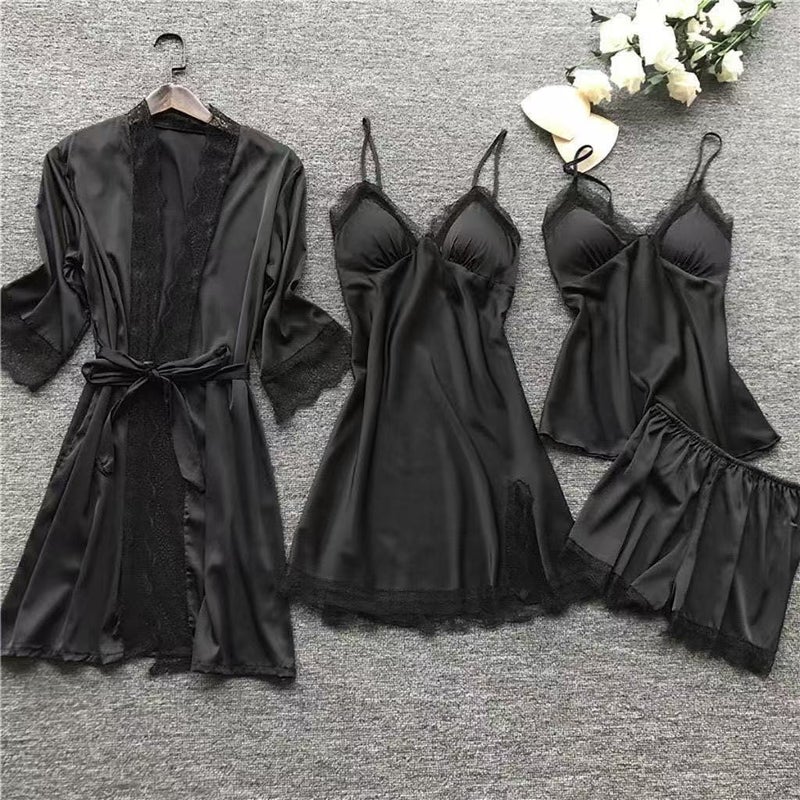 Purejoy Luxurious 4-Piece Women's Sleepwear Set - Satin Fabric, Antibacterial, Anti-Static, Soft & Comfortable