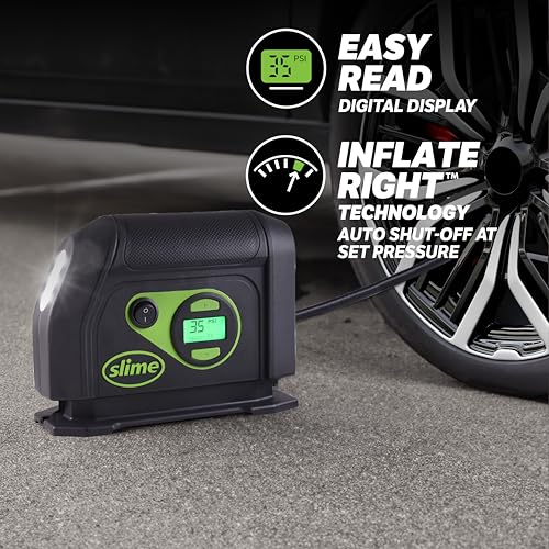 Slime 40051 Tire Inflator, Portable Car Air Compressor, Inflate Right automatic shut off, with Digital 99 psi Display, Long Hose and LED Light, 12V, 6 min inflation - Image 3