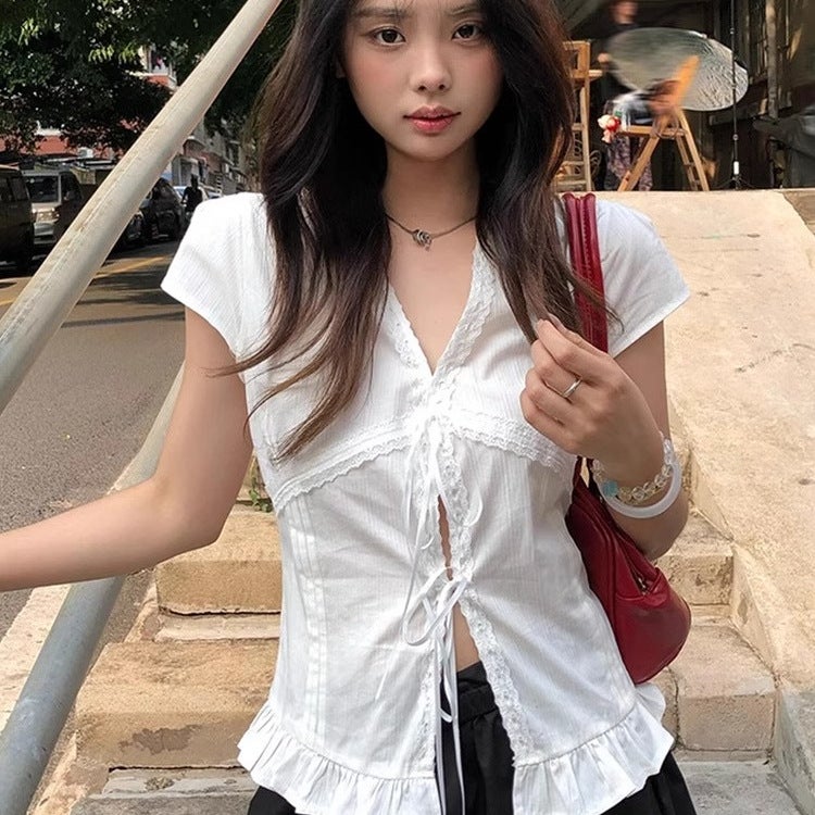 Women's White Lace Trim Tie-Up Short Sleeve T-Shirt - Image 1