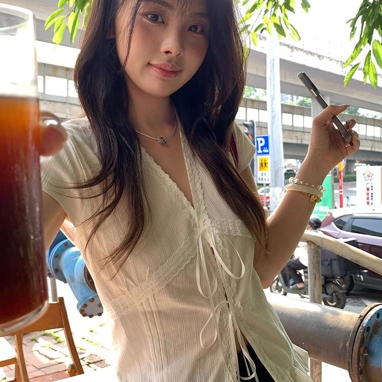 Women's White Lace Trim Tie-Up Short Sleeve T-Shirt - Image 2
