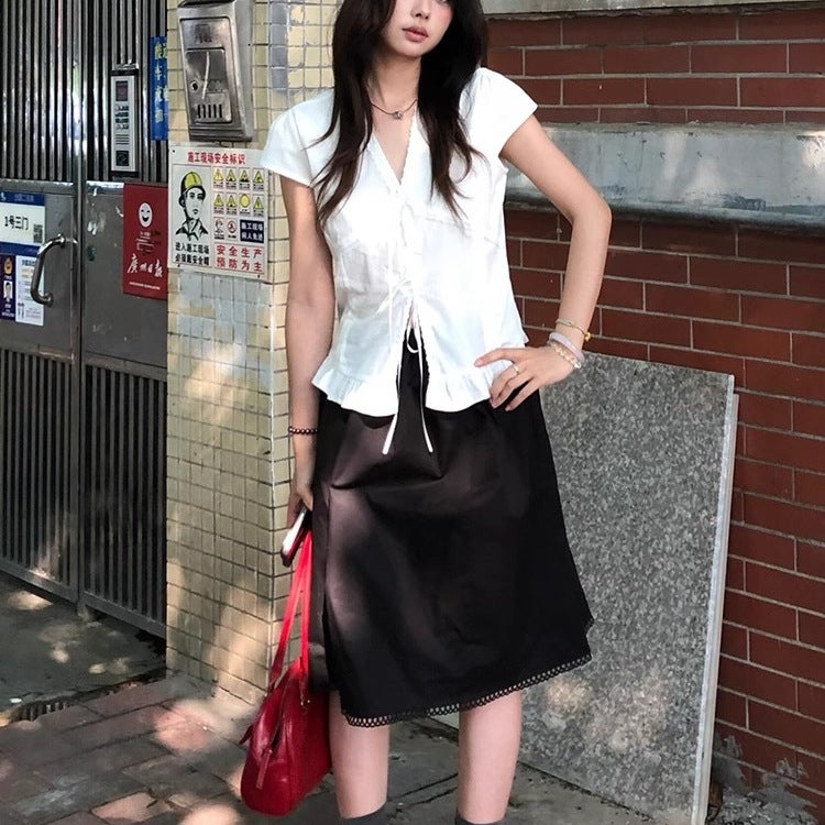 Women's White Lace Trim Tie-Up Short Sleeve T-Shirt - Image 3