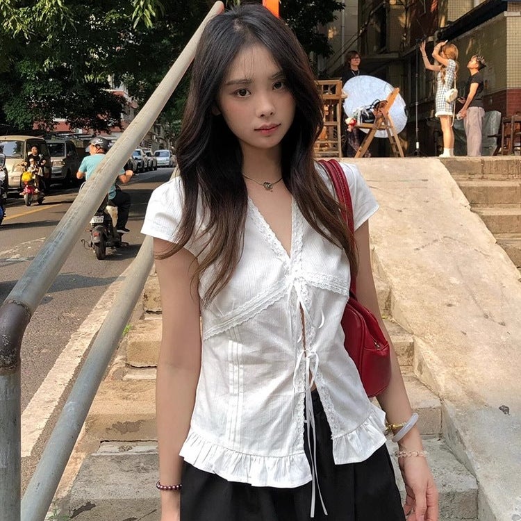 Women's White Lace Trim Tie-Up Short Sleeve T-Shirt - Image 4