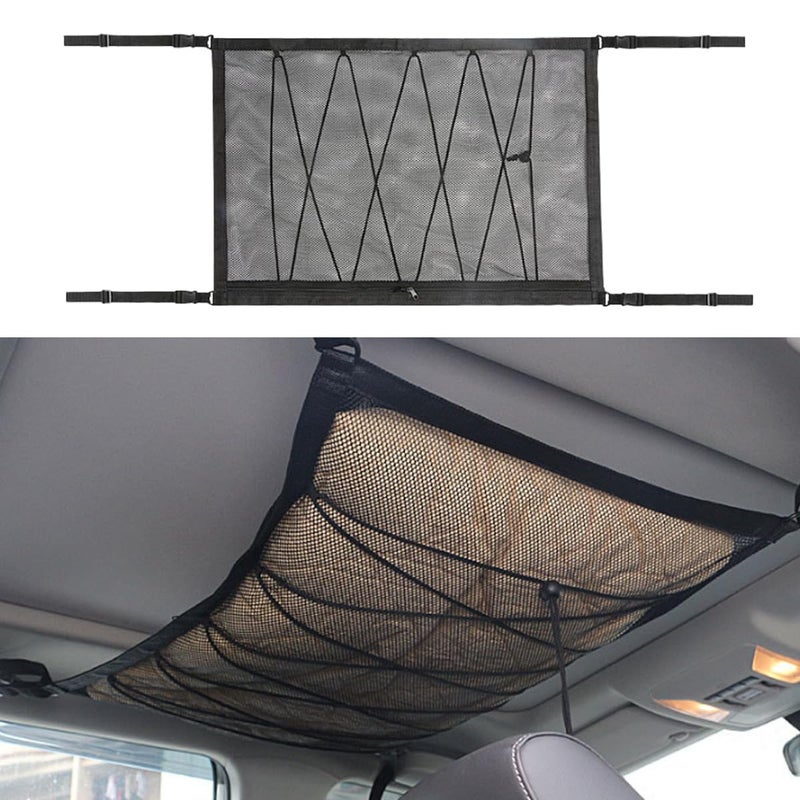 smilfuy 354256 Car Ceiling Cargo Net Adjustable Buckle Car Roof Mesh Storage Organizer Double Layer Roof Cargo Pocket Auto Roof Cargo Storage Net for Car SUV Camping Road Trip Essentials 354256 - Image 3