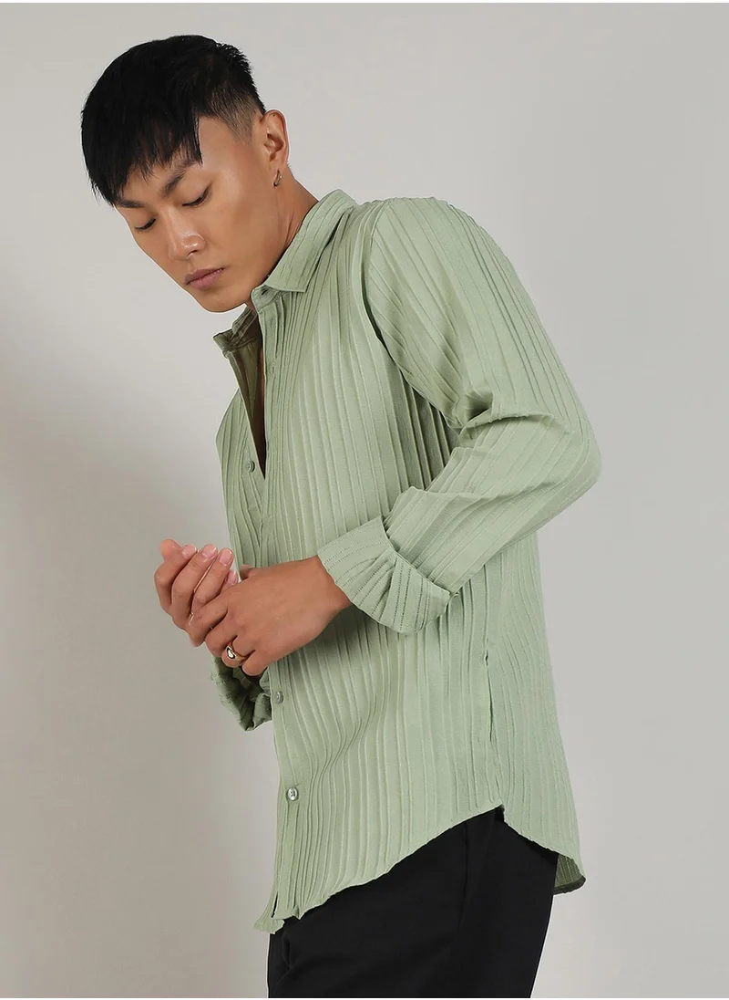 كامبوس سوترا Men's Pistachio Green Self-Design Striped Shirt