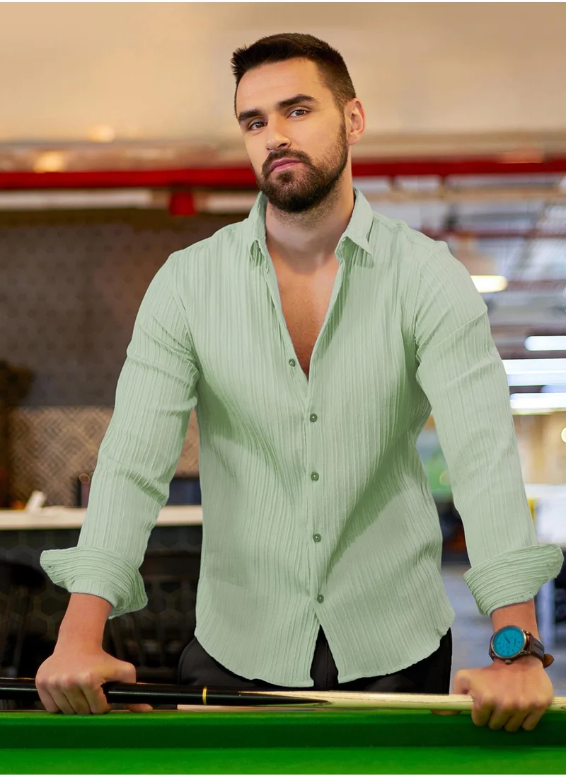 كامبوس سوترا Men's Pistachio Green Self-Design Striped Shirt