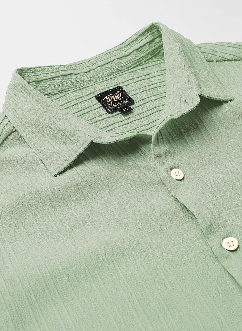 كامبوس سوترا Men's Pistachio Green Self-Design Striped Shirt