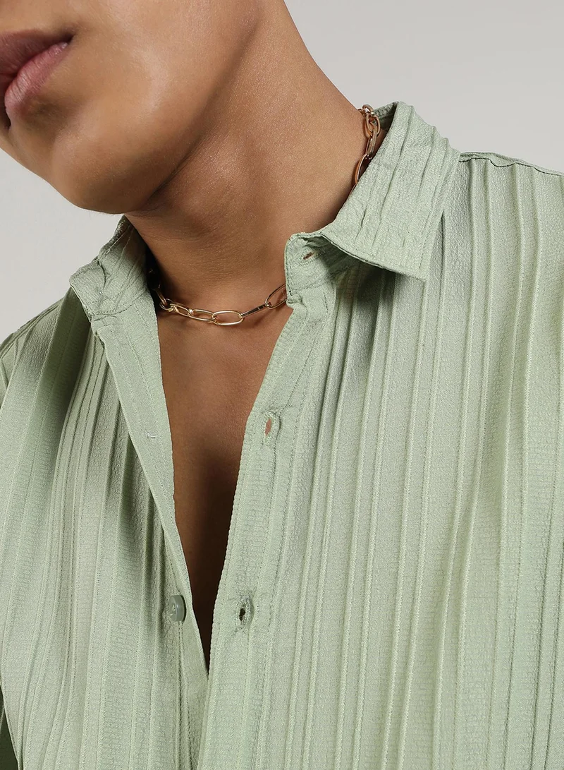 كامبوس سوترا Men's Pistachio Green Self-Design Striped Shirt