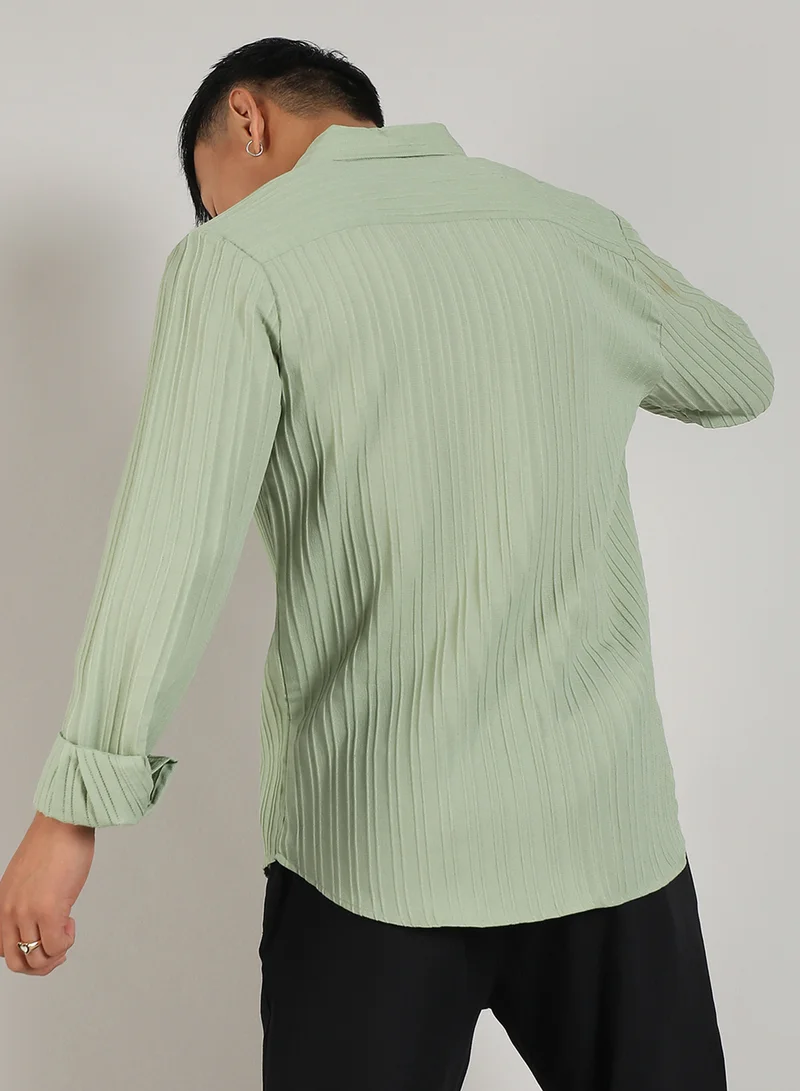 كامبوس سوترا Men's Pistachio Green Self-Design Striped Shirt