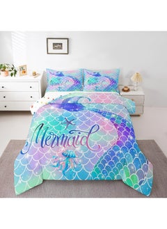 Erosebridal Erosebridal Mermaid Tail Glitter Comforter Set Teal Blue Rainbow Mermaid Fish Scale Girls Bedding Set Twin  - Image 1