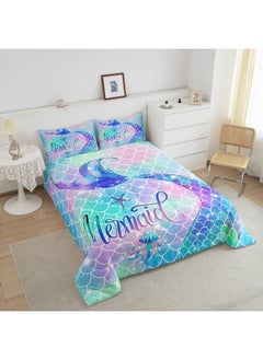 Erosebridal Erosebridal Mermaid Tail Glitter Comforter Set Teal Blue Rainbow Mermaid Fish Scale Girls Bedding Set Twin  - Image 3