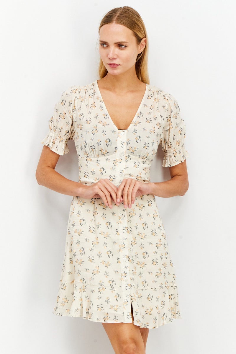 NA-KD Women Allover Print Mini Dress, Beige Combo - Image 1