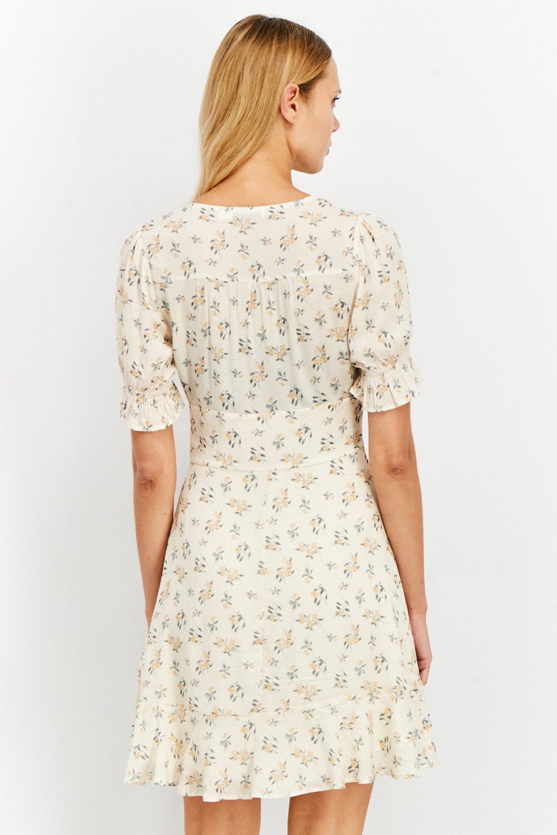 NA-KD Women Allover Print Mini Dress, Beige Combo - Image 3