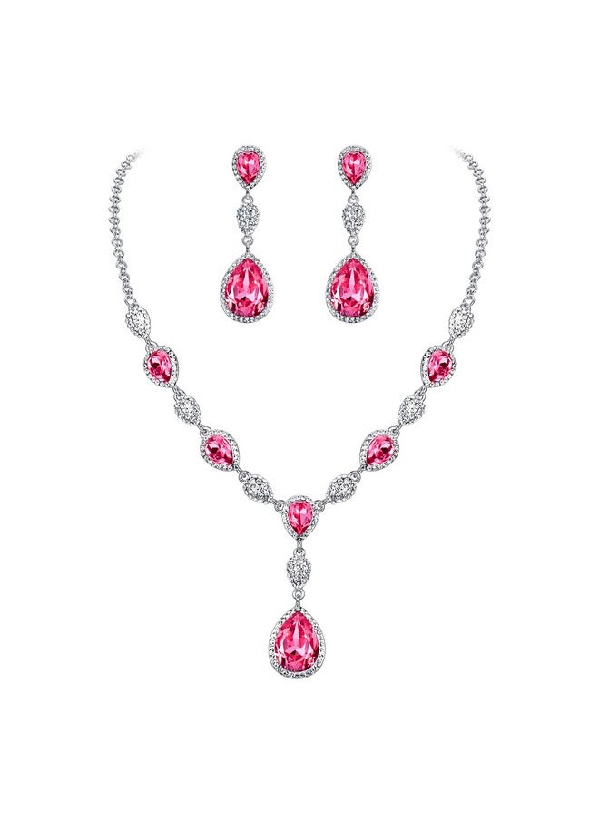 EleQueen - Women'S Cubic Zirconia Teardrop Ynecklaces Dangle Earrings Sets For Brides Bridesmaids Pink Cleartone - Image 1