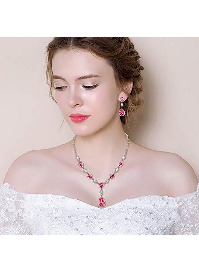 EleQueen - Women'S Cubic Zirconia Teardrop Ynecklaces Dangle Earrings Sets For Brides Bridesmaids Pink Cleartone - Image 1