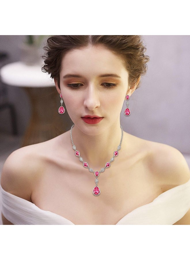 EleQueen - Women'S Cubic Zirconia Teardrop Ynecklaces Dangle Earrings Sets For Brides Bridesmaids Pink Cleartone - Image 1