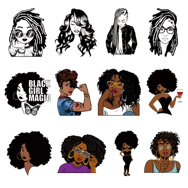 Amazingxy 12Pcs Iron On Decals for Clothing Afro Girl Iron On Decals Applique Black Women DIY Heat Transfer Stickers for TShirt Jean Hats