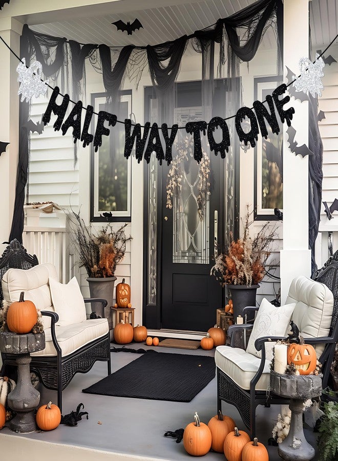 Yotawebery Halloween Half Way to One Banner, 6 Months Birthday Decorations, Half Birthday Decor, Little Boo, Halloween Baby Shower Bday Party Decorations, Black Glitter - Image 2