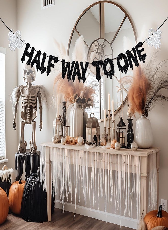 Yotawebery Halloween Half Way to One Banner, 6 Months Birthday Decorations, Half Birthday Decor, Little Boo, Halloween Baby Shower Bday Party Decorations, Black Glitter - Image 3