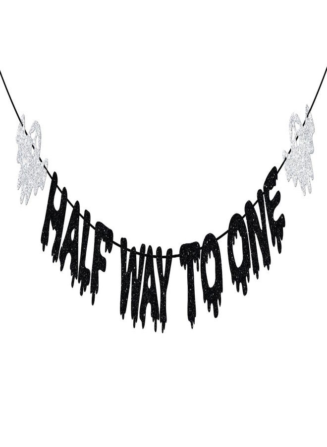 Yotawebery Halloween Half Way to One Banner, 6 Months Birthday Decorations, Half Birthday Decor, Little Boo, Halloween Baby Shower Bday Party Decorations, Black Glitter - Image 1