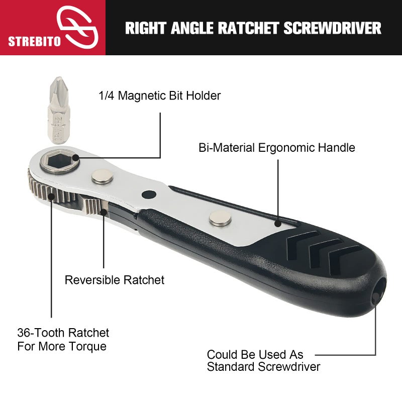 STREBITO Mini Ratchet Set, 22-Piece 1/4 Ratchet Right Angle Screwdriver, 36-Tooth Small Ratcheting Wrench Bit Ratchet For Tight Spaces, with Phillips, Slotted, Torx, Hex, Square and Adapter for Socket - Image 2