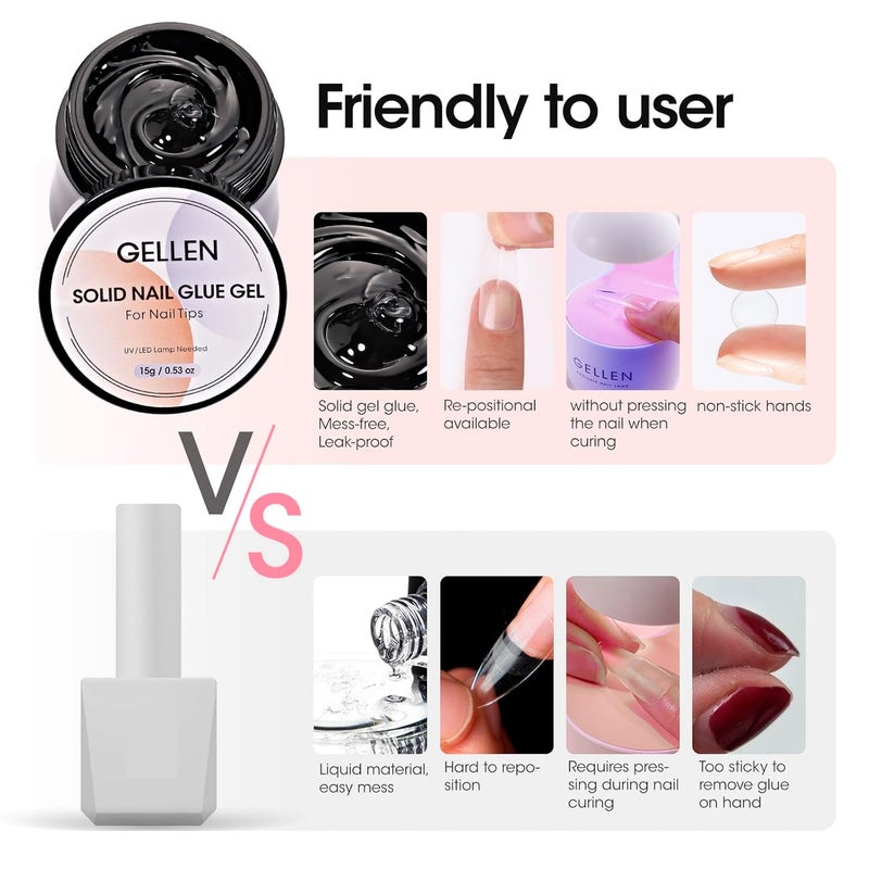 Gellen Solid Nail Glue Gel for False Nail Tips, Huge Capacity 15g Press on Nail Glue Solid Acrylic Nail Glue Gel for Salon Art DIY at Home, Need UV Light Cured - Image 2