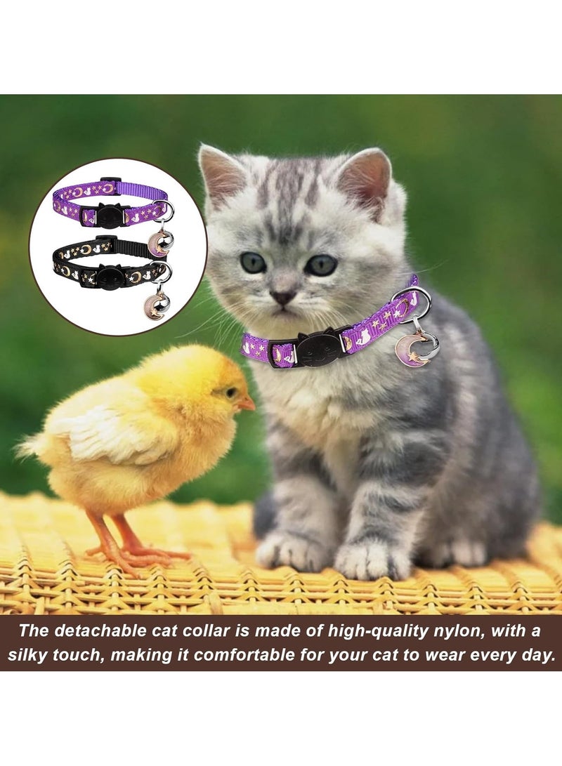 عام 2 قطعة الانفصال القط طوق ، القط طوق مع جرس ، القط طوق إيرتاج ، هريرة طوق ، القط الياقات ، أقمار نجوم لطيف كيتي قابل للتعديل آمنة هريرة الياقات مع قلادة توهج في الظلام - Image 4