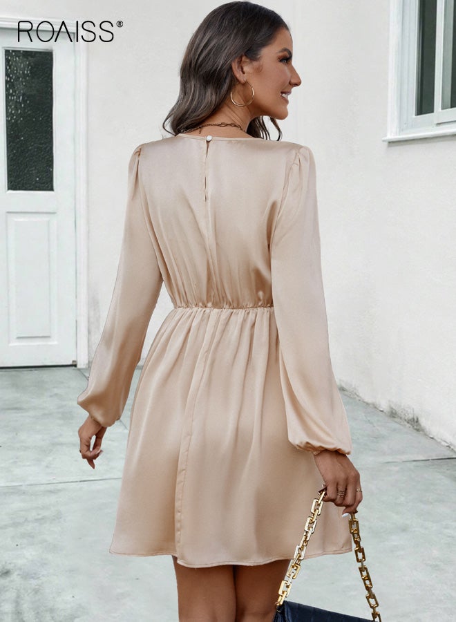 roaiss 2025 Summer Women's Skirt, New Sweet & Elegant Pleated Pencil Skirt, Stretch-Fit Polyester Short Dress Features faux tie-up detailing, Apricot - Image 5