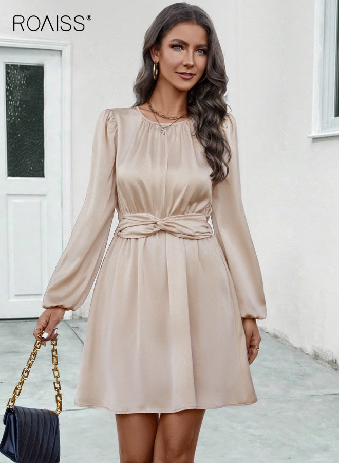 roaiss 2025 Summer Women's Skirt, New Sweet & Elegant Pleated Pencil Skirt, Stretch-Fit Polyester Short Dress Features faux tie-up detailing, Apricot - Image 1