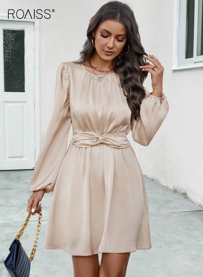 roaiss 2025 Summer Women's Skirt, New Sweet & Elegant Pleated Pencil Skirt, Stretch-Fit Polyester Short Dress Features faux tie-up detailing, Apricot - Image 3