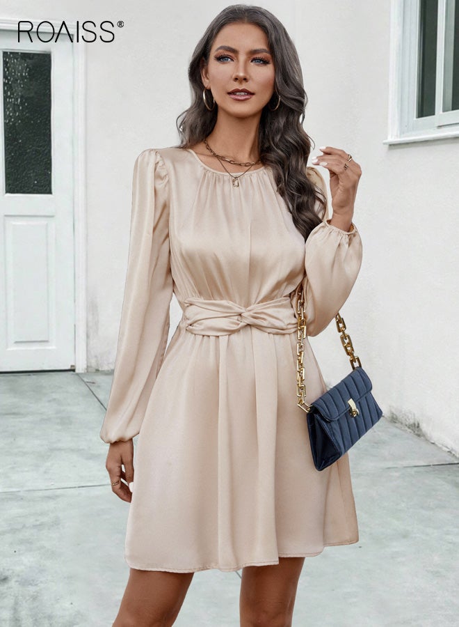 roaiss 2025 Summer Women's Skirt, New Sweet & Elegant Pleated Pencil Skirt, Stretch-Fit Polyester Short Dress Features faux tie-up detailing, Apricot - Image 2