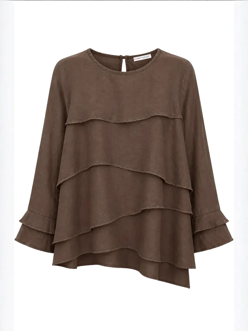 ميكسراي MIXRAY Frilly Long Sleeve Crew Neck Blouse
