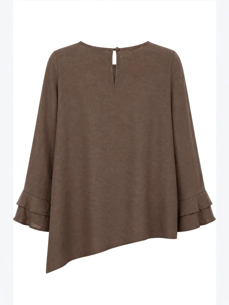 Mixray Coffee Brown MIXRAY Frilly Long Sleeve Crew Neck Blouse for Women | Best Price UAE