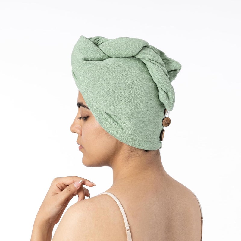 Doctor Towels Doctor Towels Banana Double Cloth Hair Towel Hair Wraps for Women Towel for Long Short Hair AntiFrizz Shower Hair Towels with Button QuickDrying Hair Cap Sage Green Pack of 1 - Image 2