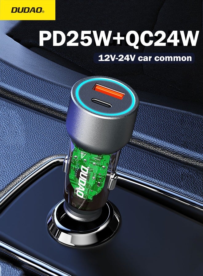 DUDAO 49W Fast Charging Car Charger, Transparent Dual-Port Car Power Adapter, Type-C PD 25W and USB QC 24W - Image 1