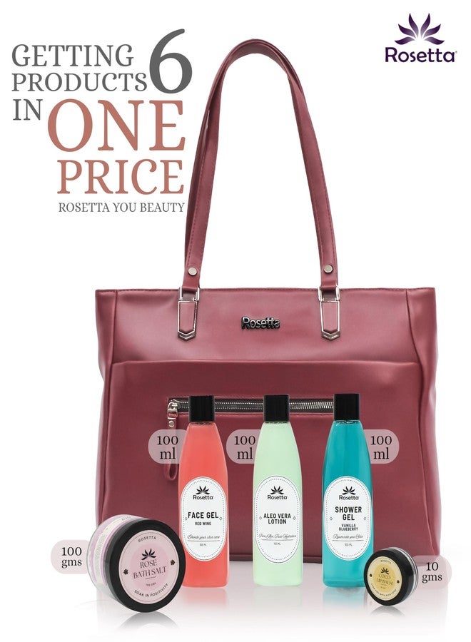 روزيتا حقيبة يد نسائية من روزيتا مع مجموعة هدايا للعناية بالبشرة بالأعشاب | حقيبة كتف من الجلد النباتي مع جل للوجه، جل استحمام، لوشن الصبار، وملح الاستحمام | هدية مثالية للنساء (لون عنابي) - Image 5