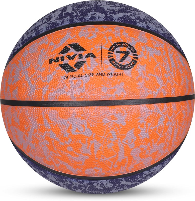 Nivia Graffiti Basketball, 8 Panels, Molded Durable Rubber Cover with Pebbled Texture, Butyl Threadwounded Bladder, As per Basic Standard, Made for Beginners, to Play on All Indoor & Outdoor Surfaces (Blue & Orange, Size - 7) - Image 5