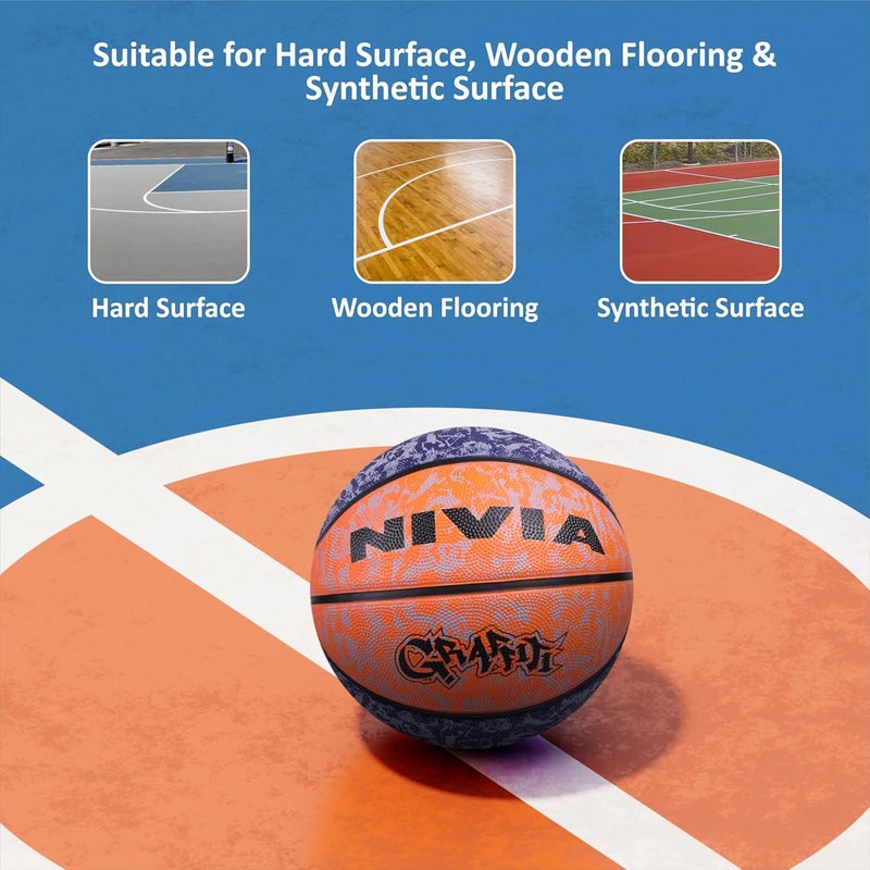 Nivia Graffiti Basketball, 8 Panels, Molded Durable Rubber Cover with Pebbled Texture, Butyl Threadwounded Bladder, As per Basic Standard, Made for Beginners, to Play on All Indoor & Outdoor Surfaces (Blue & Orange, Size - 7) - Image 4