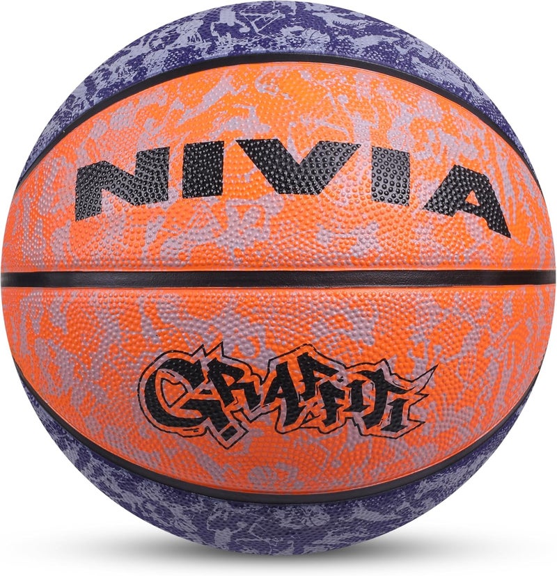 Nivia Graffiti Basketball, 8 Panels, Molded Durable Rubber Cover with Pebbled Texture, Butyl Threadwounded Bladder, As per Basic Standard, Made for Beginners, to Play on All Indoor & Outdoor Surfaces (Blue & Orange, Size - 7) - Image 1