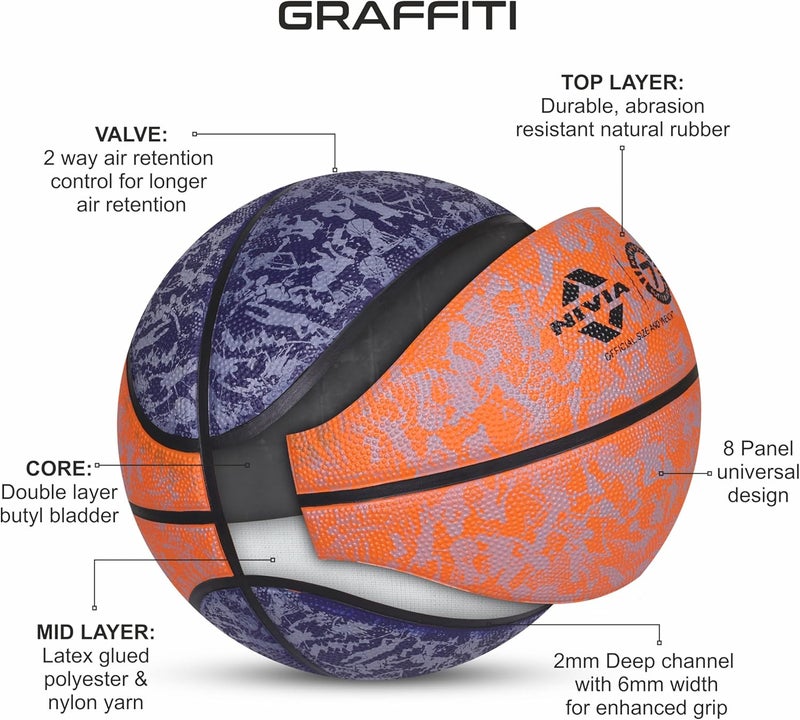Nivia Graffiti Basketball, 8 Panels, Molded Durable Rubber Cover with Pebbled Texture, Butyl Threadwounded Bladder, As per Basic Standard, Made for Beginners, to Play on All Indoor & Outdoor Surfaces (Blue & Orange, Size - 7) - Image 2