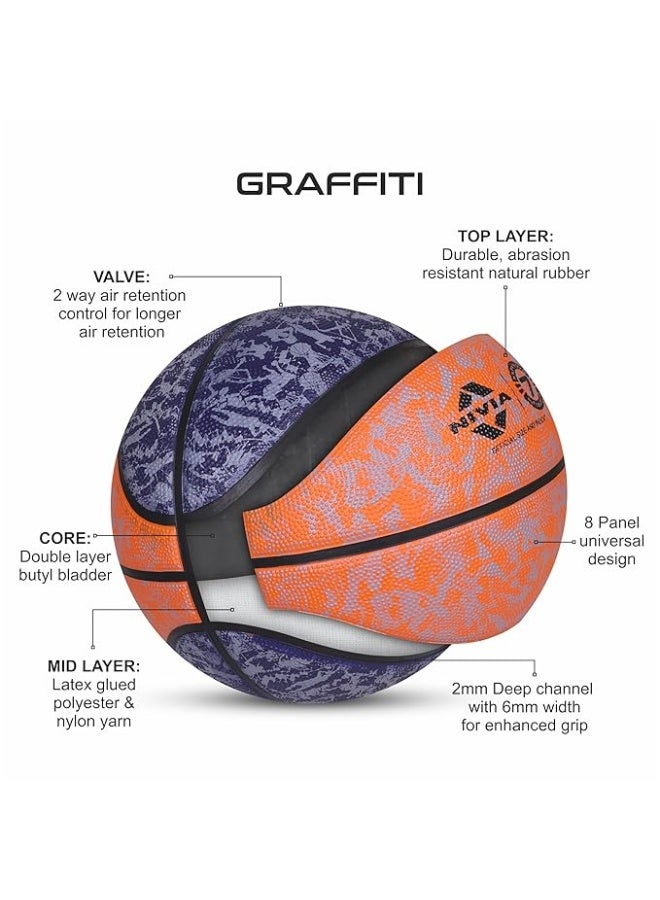 Nivia Graffiti Basketball, As per Basic Standard, 8 Panels, Molded Durable Rubber, Butyl Threadwounded Bladder, Made for Beginners, to Play on All Indoor & Outdoor Surfaces (Size - 7, Blue-Orange) - SEO Friendly Long Title - Image 1