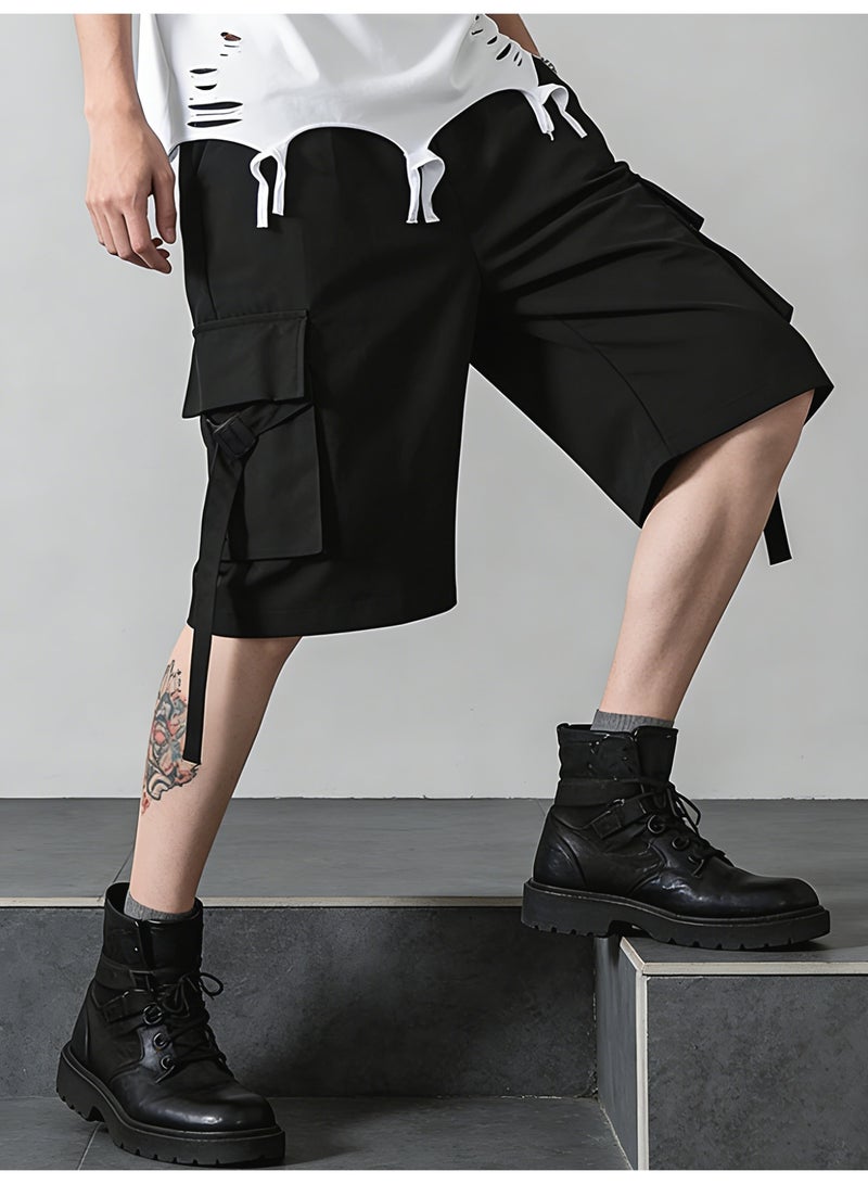 Men's Black Cargo Shorts Techwear Loose Fit Elastic Waist Shorts with Multi-Pockets and Strap Details For Men - Image 3
