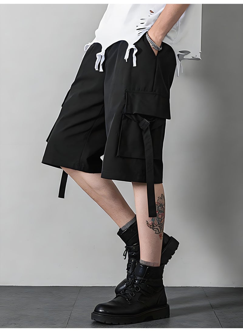Men's Black Cargo Shorts Techwear Loose Fit Elastic Waist Shorts with Multi-Pockets and Strap Details For Men - Image 1