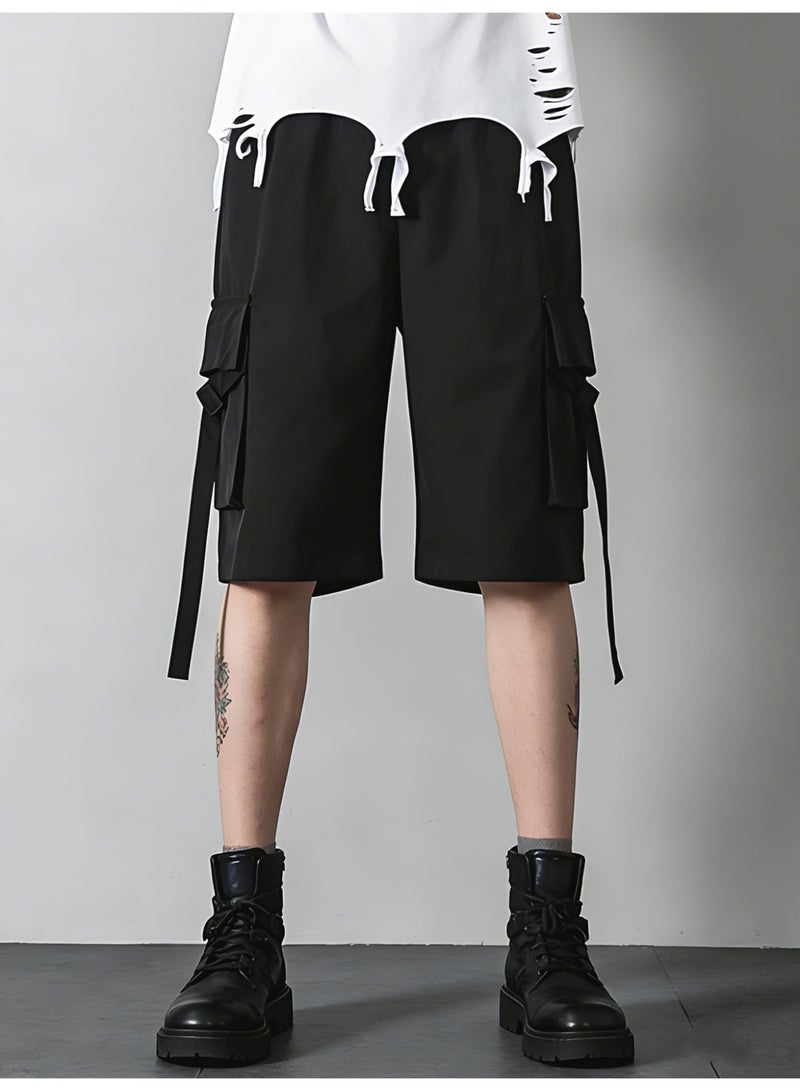 Men's Black Cargo Shorts Techwear Loose Fit Elastic Waist Shorts with Multi-Pockets and Strap Details For Men - Image 2