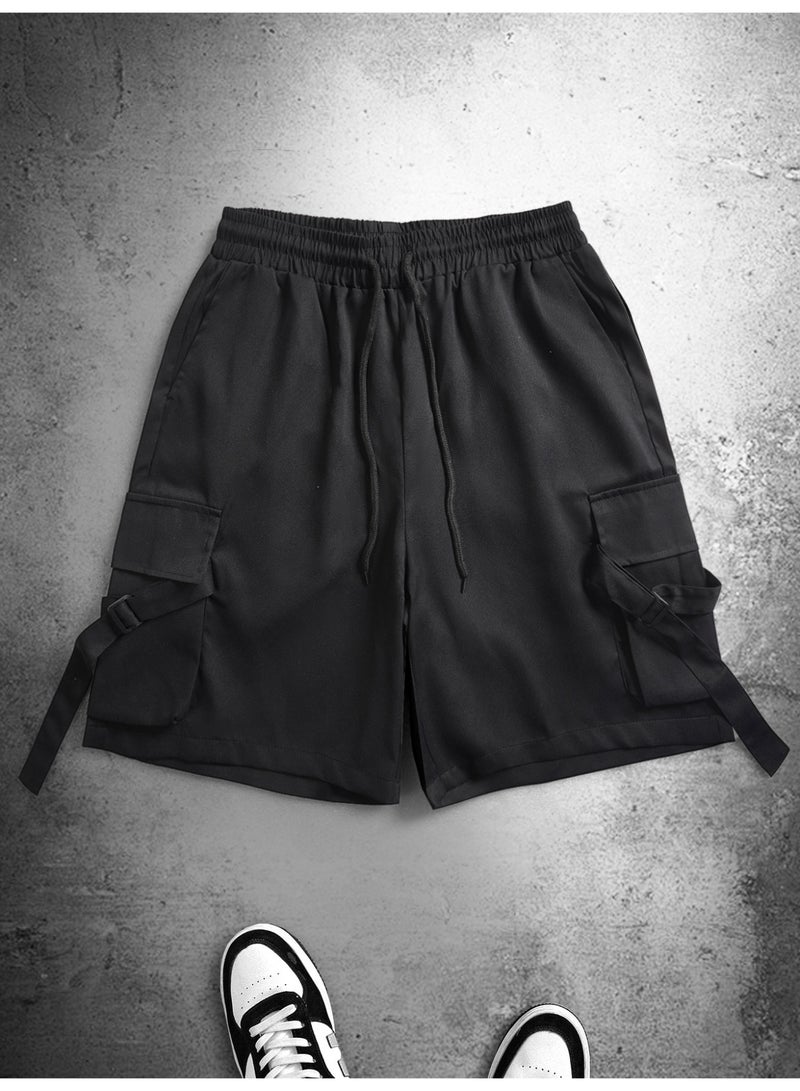 Men's Black Cargo Shorts Techwear Loose Fit Elastic Waist Shorts with Multi-Pockets and Strap Details For Men - Image 5