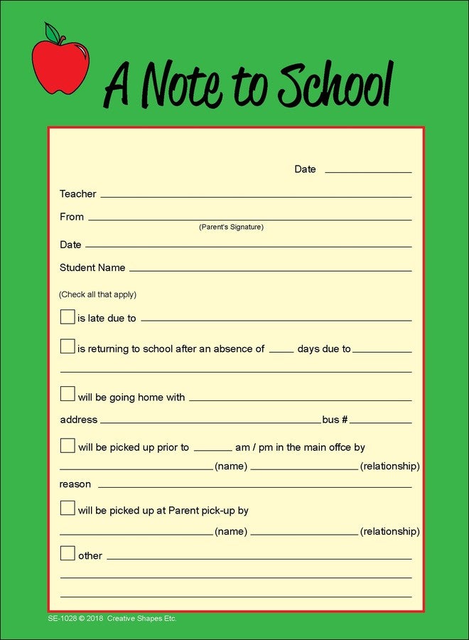 SHAPES ETC. 50 Sheets Note to School – Notes to Parents 5x7in Notes to School Student Pickup Information Parent Communication with Office/Teachers Parent Tools Memo Pad Made in USA - Image 1