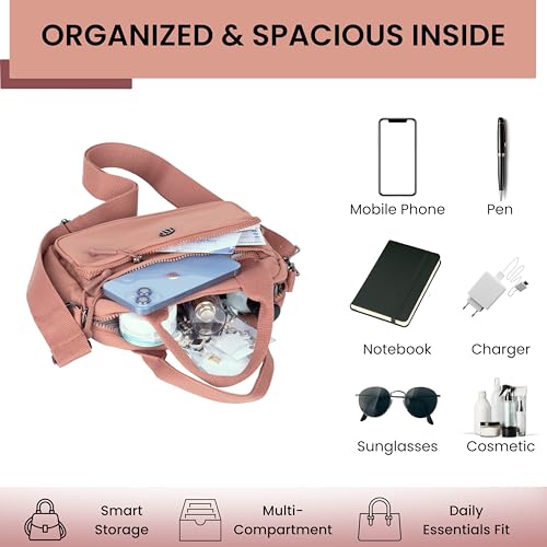 TS WITH TECHSUN Women Crossbody Sling Bag Handbag for Travel Office Shopping Casual Use, Waterproof Nylon Shoulder Purse with Adjustable Strap Multipocket Compact Organizer (Dusty Pink) - Image 5